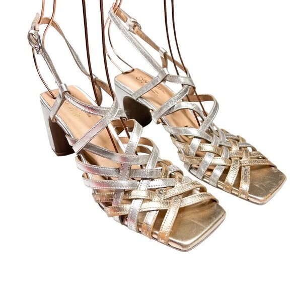 Seychelles Charter Heels Strappy Sandals Size 8.5 Leather Silver - Picture 2 of 16